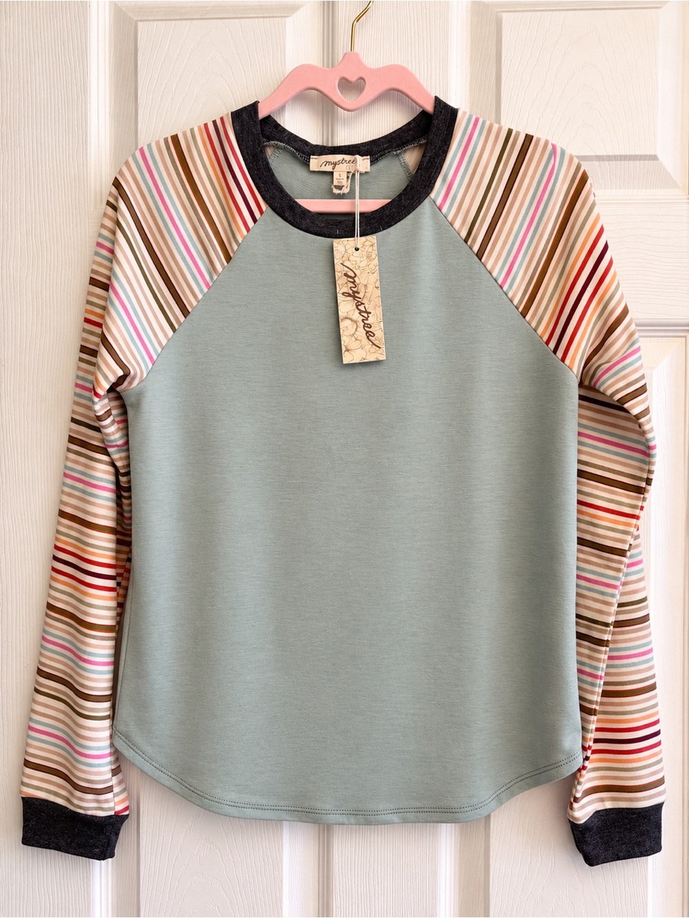 Mystree Sage Green Raglan Long-Sleeve Top with Multicolor Stripes